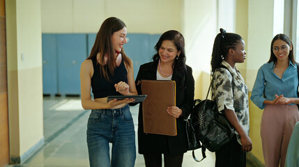 Indian young adult female busy lady tutor hold file use tablet look screen do e learning online...