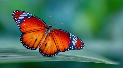 Naklejka premium A close-up shot of a vibrant monarch butterfly perched on a green leaf, showcasing its orange, black, and white patterned wings against a blurred natural backgr