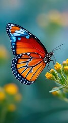 Fototapeta premium A close-up of a vibrant Monarch butterfly resting on yellow flowers, set against a blurred green and blue background.