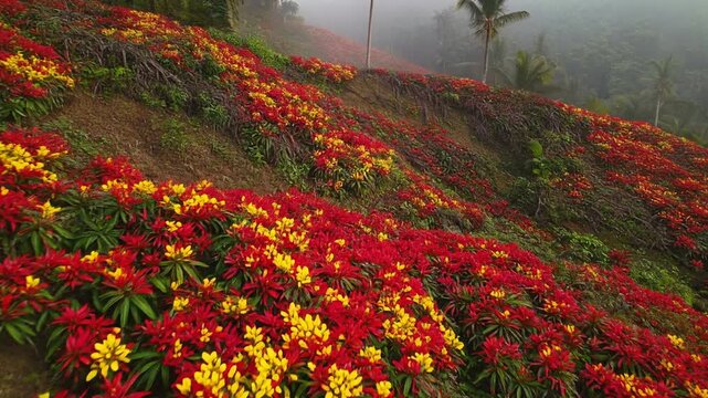 Aerial drone dolly in over Gloriosa flower hillside