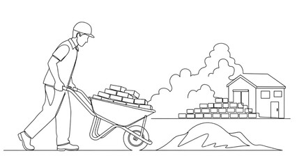 Obraz premium Construction Worker Pushing Wheelbarrow with Bricks – Continuous Line Art Jobsite Illustration