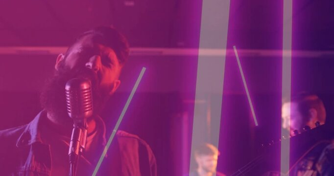 Lead singer leaning into vintage mic, cueing band performing music while neon bars overlaying band