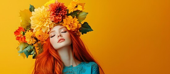 Portrait of a beautiful redheaded woman wearing a crown of colorful autumn flowers.