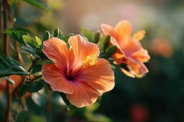 Bright orange hibiscus flower with lush green foliage under warm sun