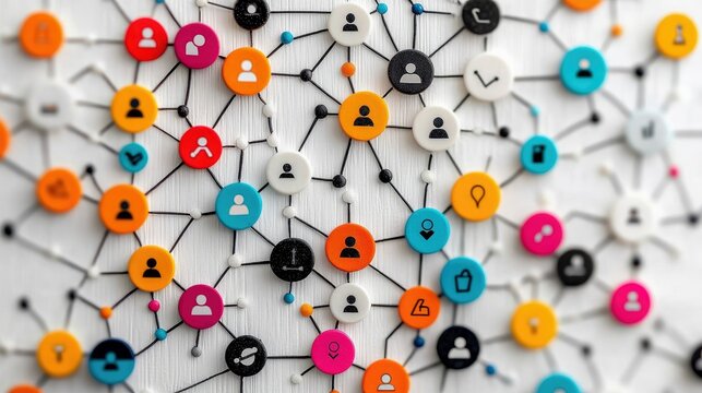 Close-up of a network of colorful circular icons with human figures, connected by lines, on a white background. Represents connection and communication.