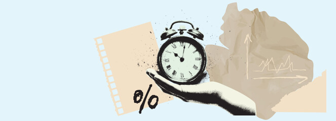 Retro business collage with vintage alarm clock, analytics graph, and halftone textures&mdash;perfect for finance, deadlines, or productivity themes.