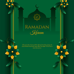 Green ramadan kareem background with a mosque silhouette flowers.