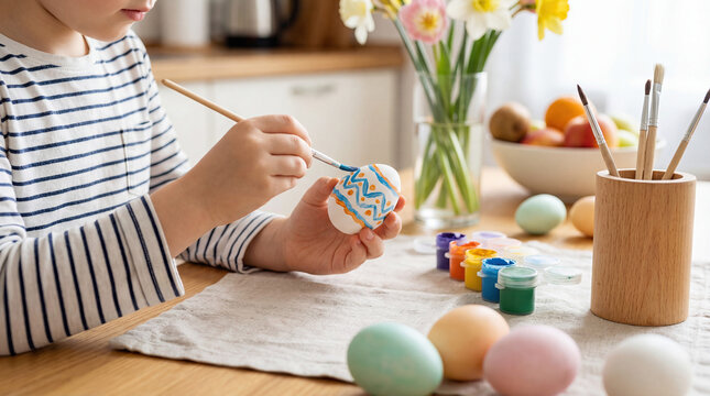Child decorating colorful Easter eggs at home