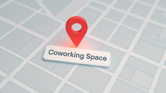 Modern coworking space map highlights key location marker, showcasing innovation at intersection of technology and collaboration, business productivity in dynamic workspaces