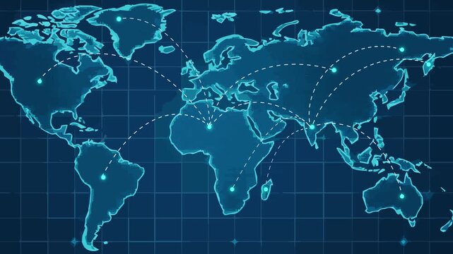 Blue world map with grid lines and dotted line connecting continents, animation in a digital interface