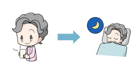 温かい飲み物を飲んでよく眠れた高齢女性のイラスト