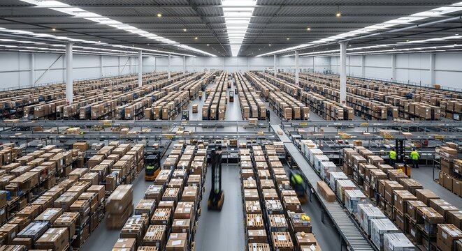 Wide-angle view of a large, busy distribution warehouse filled with countless stacked cardboard boxes and working forklifts, representing efficient logistics and supply chain operations.