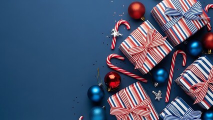 Festive holiday gifts and candy canes arranged on a dark blue background with copy space for a celebratory christmas or new year s greeting card or banner