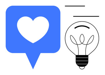 Blue chat bubble with heart icon next to a light bulb, symbolizing innovation, communication, and connection. Ideal for creativity, collaboration, ideas, inspiration, digital interactions