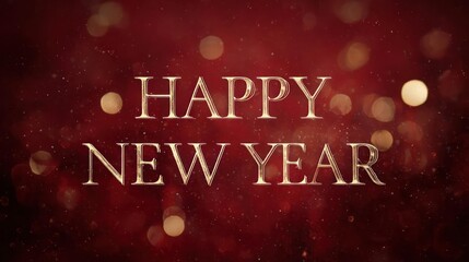 Elegant happy new year text illuminated by soft golden bokeh lights on a dark red background