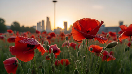Obraz premium Red Poppies at Dawn Field: Frosted Petals Glow in Warm Sunrise Light