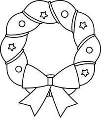 Christmas wreath tied with a bow outline with template vector.
Xmas wreath winter activities children's coloring Page.
Transparent background. svg.