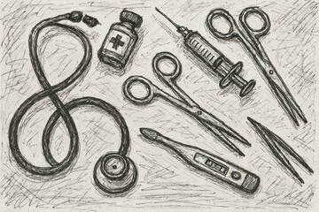 Medical tools and instruments illustration in a hand-drawn style