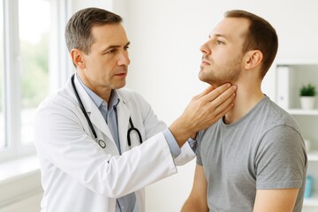 Doctor examining a patient's neck in a medical office setting