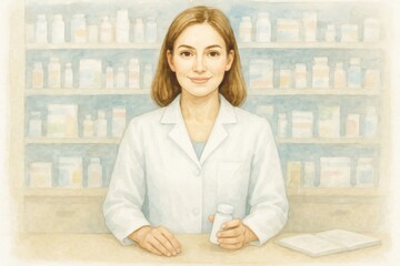 Friendly pharmacist holding a medicine bottle in a watercolor illustration