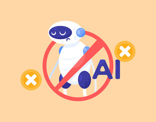 AI ban concept. regulations and prohibitions on the use of artificial intelligence. Illustration of a robot with a prohibition sign. Sad robot. Flat design style. Orange background.