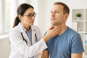 Doctor examining a male patient's neck in a medical office setting