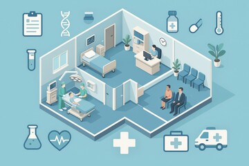 Isometric view of a hospital with medical staff and patients