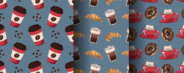 Coffee and Dessert Seamless Pattern Set with Flat Design. Ideal for Beverage Branding, Bakery Packaging, Social Media Graphics, Website Backgrounds and Print Projects. Texture for fabric, wallpaper