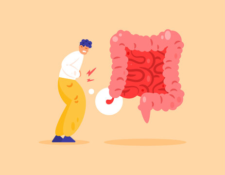 Appendicitis concept. Inflammation of the appendix. Illustration of a man appearing to be experiencing abdominal pain. Intestinal health problems. Flat design style. Orange background.