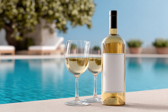 Bottle of white wine and two glasses beside swimming pool, summer outdoor relaxation, elegant and refreshing atmosphere - Powered by Adobe