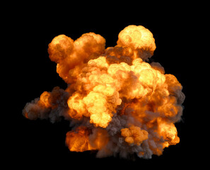 Large aerial isolated explosion with a vivid orange and yellow color surrounded by thick smoke on a black background