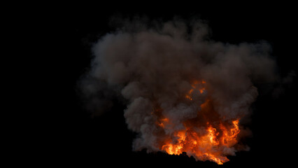 High angle view of Large intense Fire with dark and dense Smoke rising into the air with Bright and Chaotic Flames showing Intense Burn on a Black Background