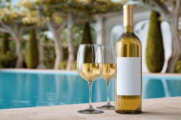 Fototapeta premium Bottle of white wine with blank label and two wine glasses by swimming pool, outdoor summer setting, elegant and refreshing atmosphere