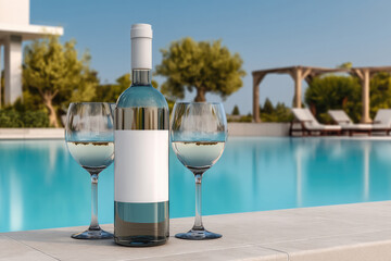 White wine bottle with blank label and two wine glasses on table by swimming pool, outdoor summer setting, relaxing vacation mood