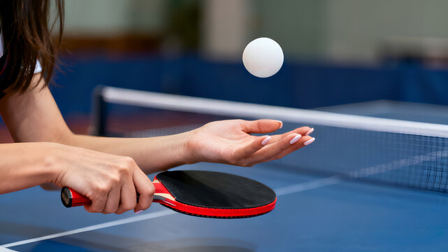 Close-up of a player serving in table tennis, showing a ping pong paddle and ball in mid-air over the table. - Powered by Adobe