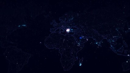 A world map depicted with glowing lines and points against a dark space - Powered by Adobe