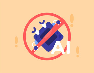 AI ban concept. regulations and prohibitions on the use of artificial intelligence. Illustration of a robot with a prohibition sign. Sad robot. Flat design style. Orange background.