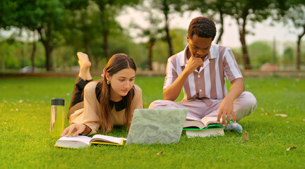 Indian young adult gen z lady female lying on grass use laptop look screen check new email e work garden park. Busy pupil male man do exam study read course book spend break time day college place