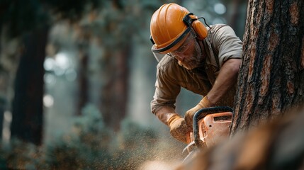 In a vibrant forest, a dedicated logger uses a chainsaw to expertly cut down a tall tree. Sunlight filters through the leaves, highlighting the dust in the air as nature surrounds him