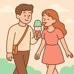Fototapeta premium Young couple enjoying ice cream in a pastel landscape while sharing a playful moment capturing feelings of joy and connection through shared experiences