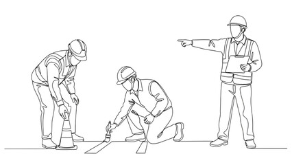Obraz premium Continuous Line Art Workers Set – Safety Cone Placement, Floor Marking, and Clipboard Direction Illustration