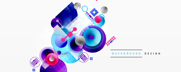 Obraz premium Abstract geometric shapes, vibrant colors, modern design elements. Composition features circles, squares, lines, dynamic arrangement.