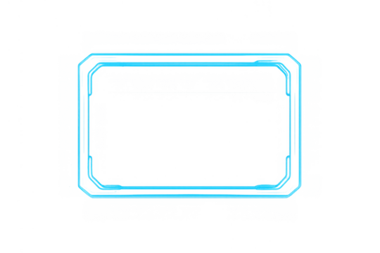 Blue neon glowing frame with rounded corners and light effect on transparent background element