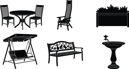 Black silhouette collection of outdoor furniture and garden elements garden furniture