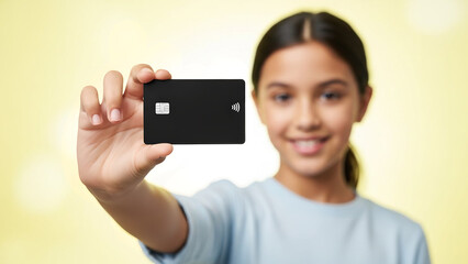 Woman Holding Black Credit Card with Contactless Symbol