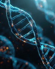Intricate Glowing Blue DNA Double Helix Structure with Energetic Bokeh Lights.