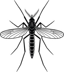 Black silhouette of a mosquito with detailed wings and antennae on a white background