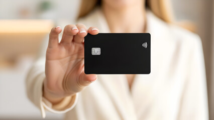 Woman Holding Black Credit Card with Contactless Symbol