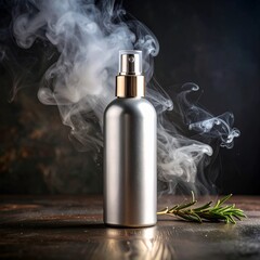 Elegant Silver Spray Bottle with Rosemary and Ethereal Smoke.