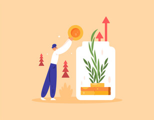 The concept of investment and saving. Saving money for the future. Investing and growing. Finance and economics. Illustration of a man putting gold coins into a jar. flat style design. orange